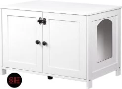 Signature Home Wittykitty Kattenbak – Kattenkast – Kattenbakkast – Kattenhuis Met Deur En Aparte Scheidingswand – Kattenbak Opbergdoos – Wit – 80 X 54 X 50.5 Cm