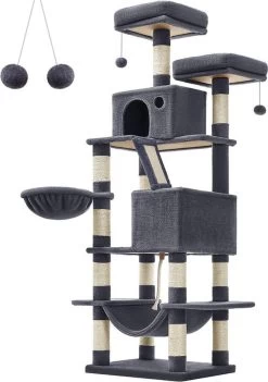 Rootz Krabpaal – Krabpaal – Kat Klimboom – Cat Activity Tree – Kattenspeelboom – Moderne Krabpaal – Krabpaalhuis – Spaanplaat – Pluche – Sisal – Rookgrijs – 55 X 45 X 168 Cm (L X B X H)