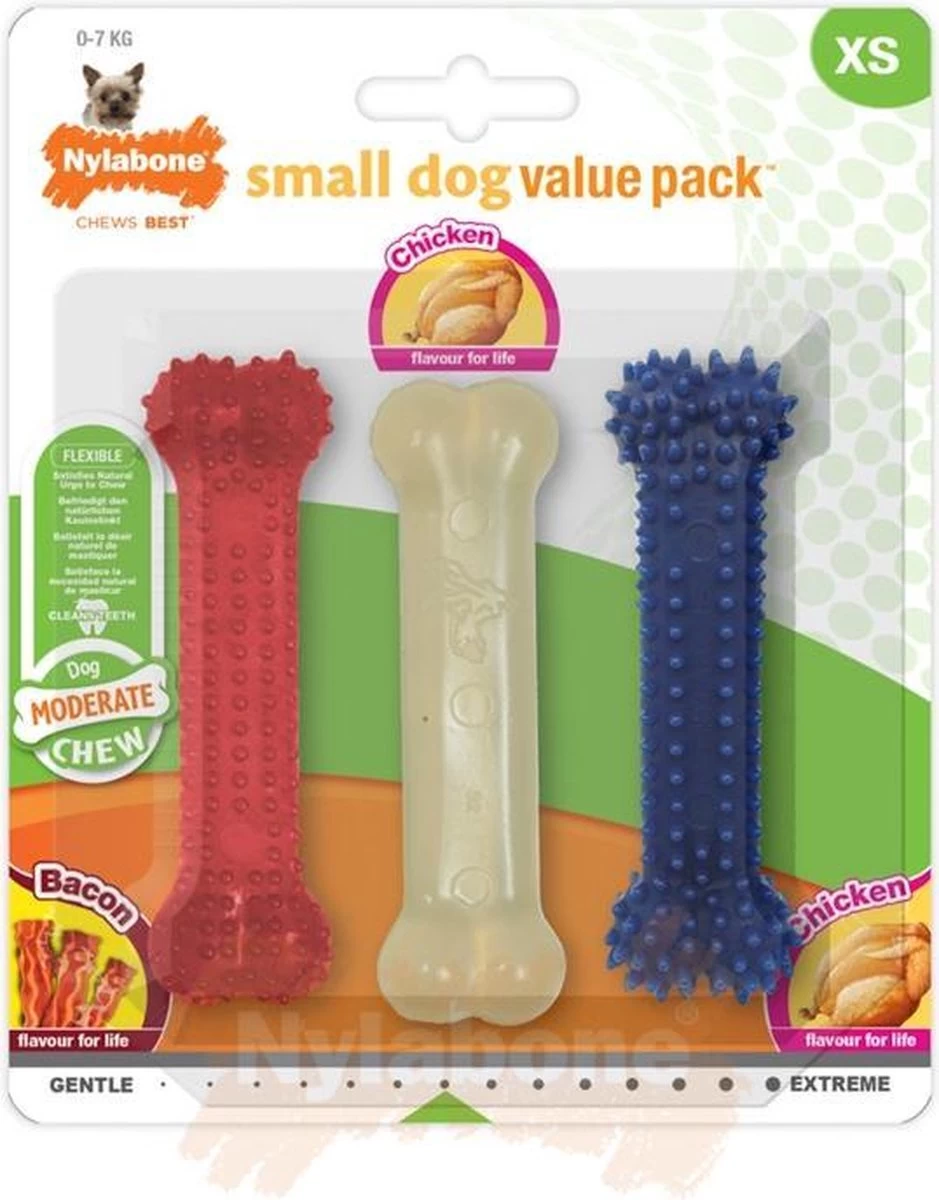 Nylabone Moderate Triopack – Voordeelpak Kauwbotten Met Kip En Baconsmaak – Voor Kleine Honden Tot 7 Kg – XS 3 Nylabone Moderate Triopack – Voordeelpak Kauwbotten Met Kip En Baconsmaak – Voor Kleine Honden Tot 7 Kg – XS