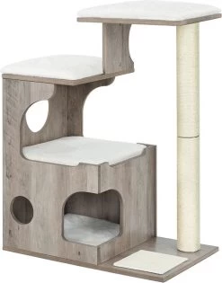 Rootz Krabpaal – Krabpaal Met Grot – Krabpaal – Kat Klimboom – Cat Activity Tree – Kattenspeelboom – Moderne Krabpaal – Krabpaalhuis – Pluche – Sisal – MDF – Greige-wit – 66 X 40 X 86 Cm (L X B X H)